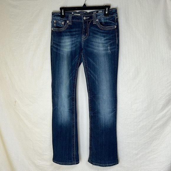Miss Me Embellished Distressed Boot Cut Blue Jeans - Size 30 - Picture 2 of 16